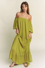 Load image into Gallery viewer, Take A Moment Chiffon Off Shoulder Maxi Dress- Chartreuse
