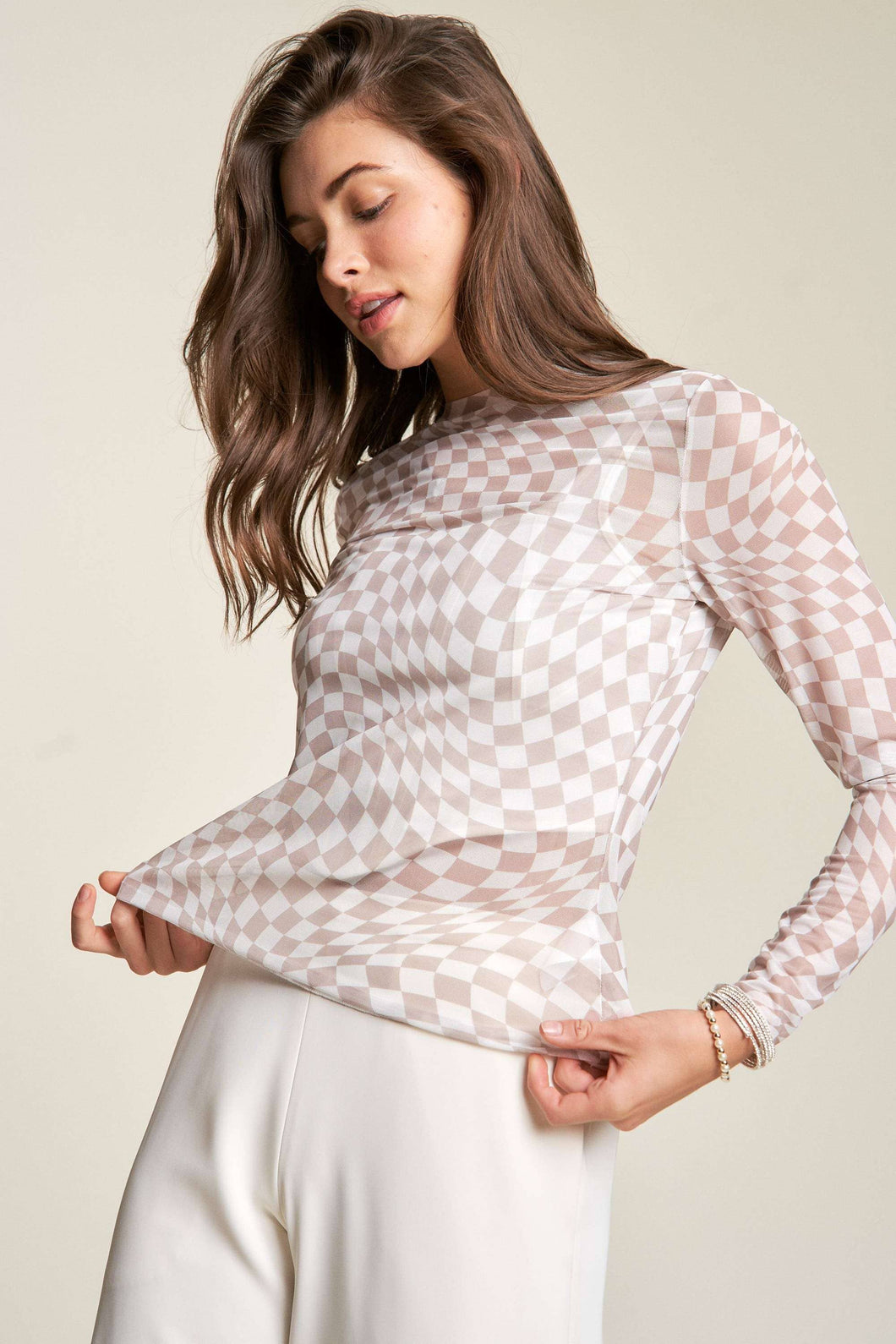 Ivory Taupe Checkered Mesh Long Sleeve Top