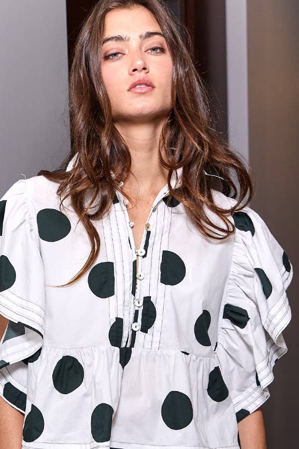 Polka Dot Ruffle Sleeves Print Top