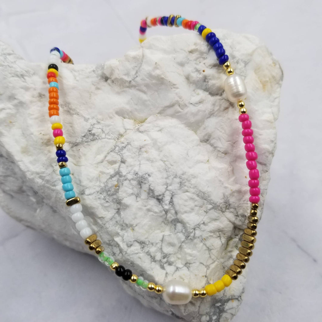 Boho Rainbow Beaded Pearl Necklace