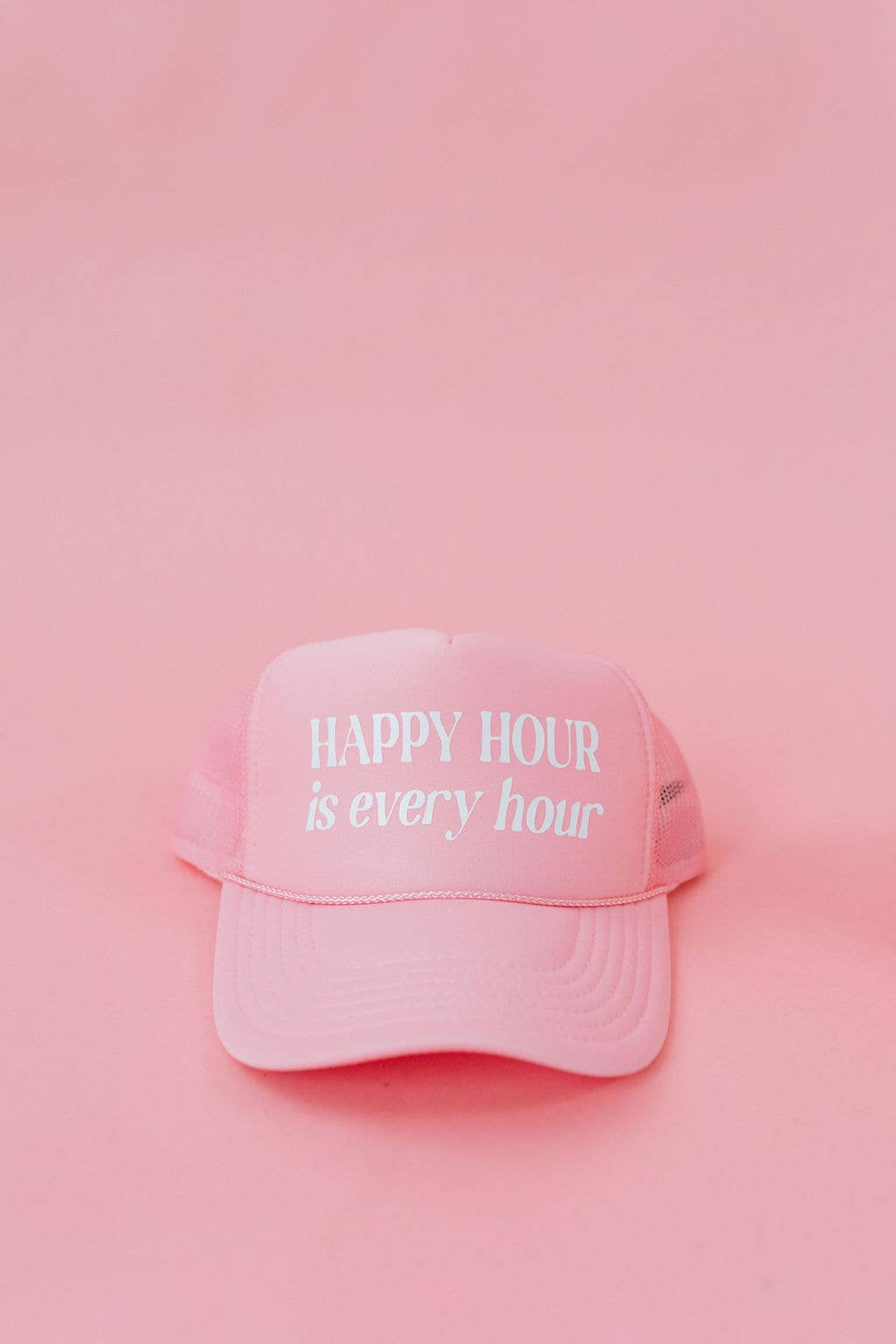 Happy Hour Every Hour Trucker: Light Pink