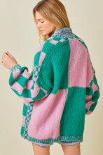 Load image into Gallery viewer, Pink Teal Checkered Knit Cardigan
