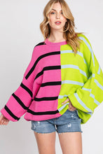 Load image into Gallery viewer, Pink and Lime Stripe Colorblock Bubble Sweater
