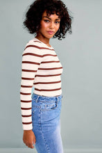 Load image into Gallery viewer, Cream Brown Round Neck Long Sleeve Stripe Knit Bodysuit
