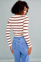 Load image into Gallery viewer, Cream Brown Round Neck Long Sleeve Stripe Knit Bodysuit
