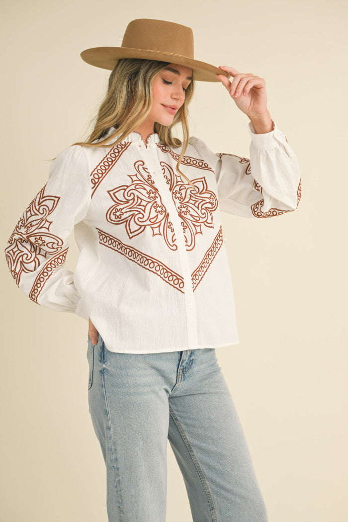 Mocha Bloom Embroidered Top