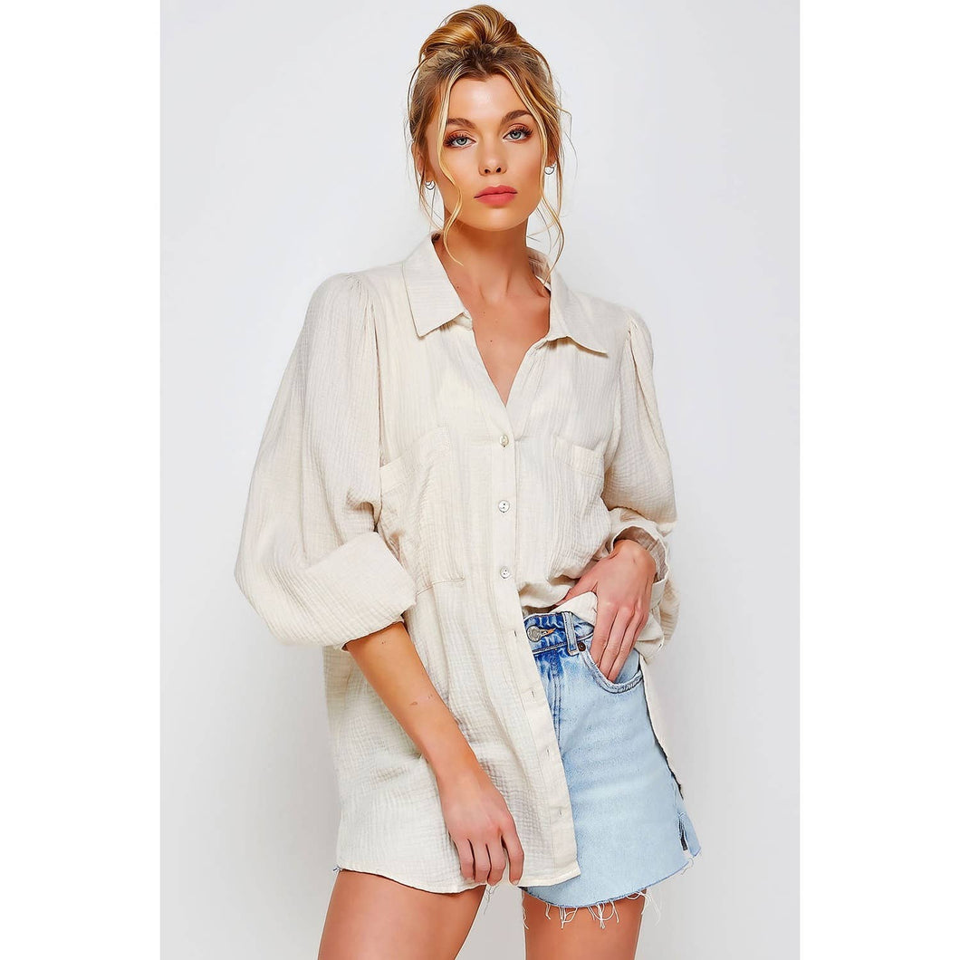 Come As Can Be Cream Gauze Button Down