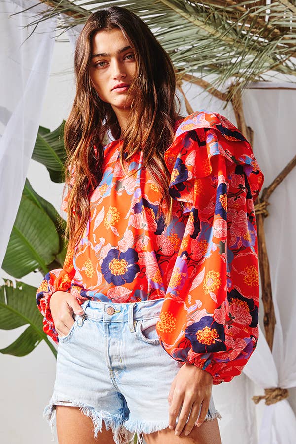 Shake It Ruffle Shoulder Long Puff Sleeve Floral Top