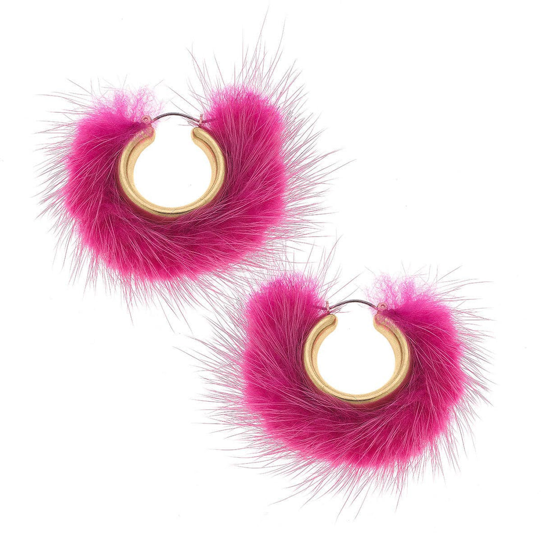Fuchsia Mink Hoop Earrings