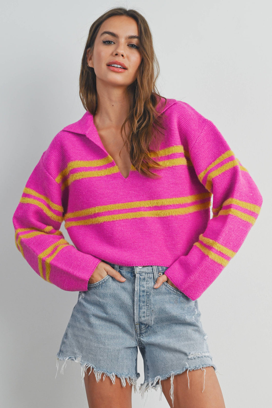 You Know Me Magenta Mustard Striped Sweater