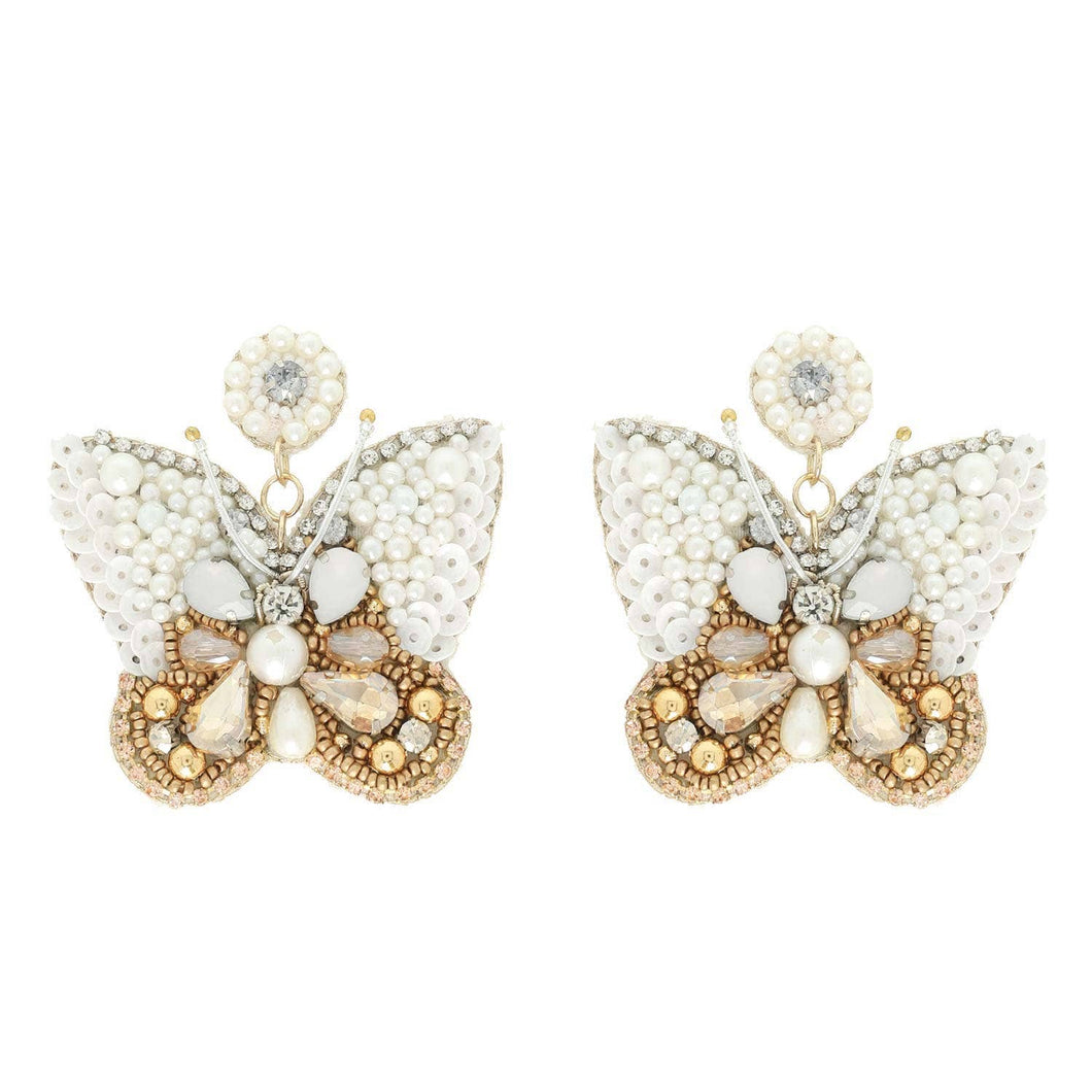 Butterfly Beaded Drop Earrings: White