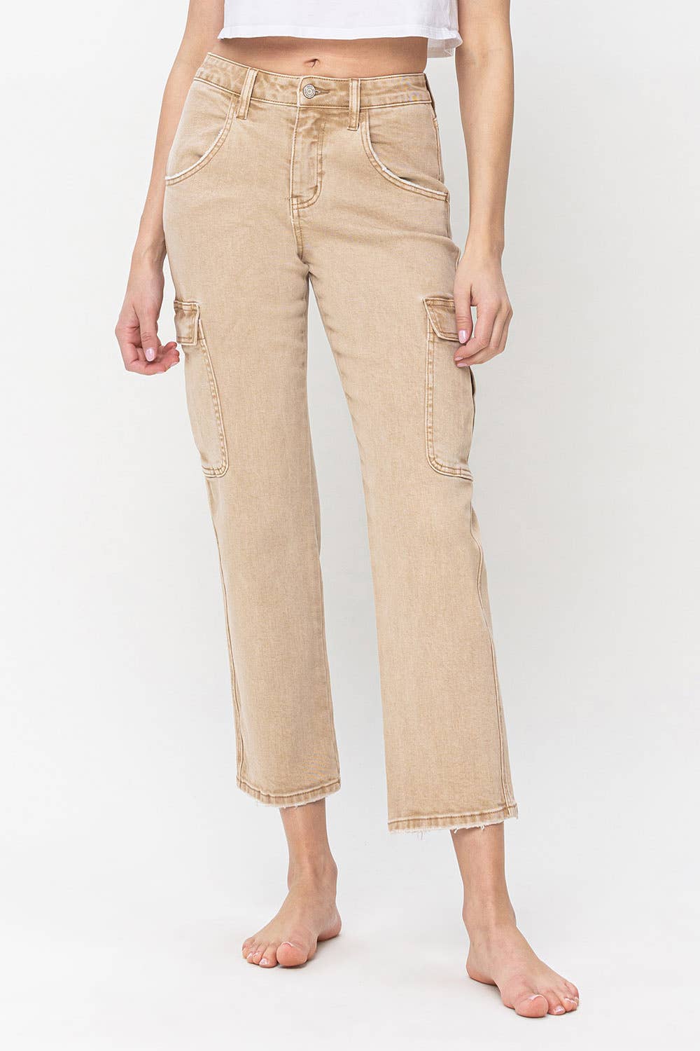 Beige High Rise Relaxed Straight Cargo Pants